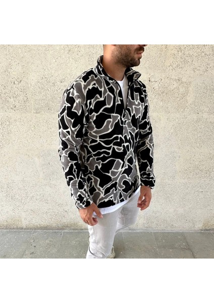 Erkek Yarım Fermuarlı Desenli Polar Sweat Yakalı, Uzun Kollu, Oversize Rahat Kalıp - Siyah modelleri