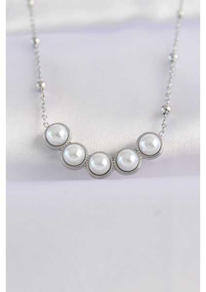 316L Çelik Zincir Gümüş Renk Sıralı Inci Taşlı Kolye - TJ-BKO8654