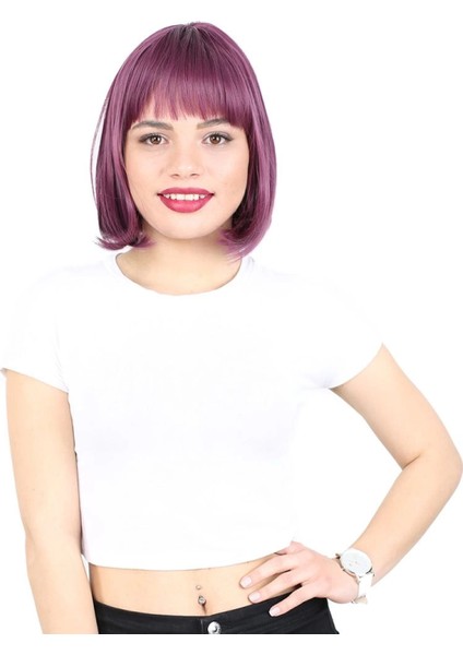 Küt Kahküllü Fiber Sentetik Peruk - Patlıcan Moru