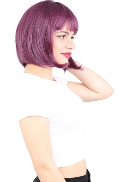 Küt Kahküllü Fiber Sentetik Peruk - Patlıcan Moru fiyatları