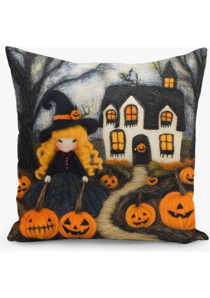 Çift Taraflı Dijital Baskı Kırlent Kılıfı Keçe Işi Gürünümlü Hallowen - Cadılar Bayramı Desenli