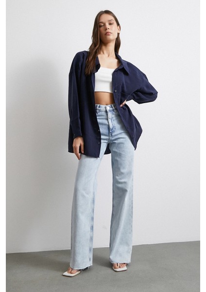 Yüksek Bel Likralı Kesik Paça Jean Buz Mavisi