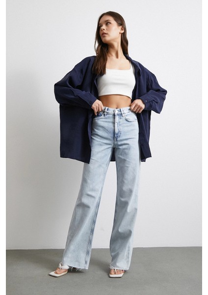 Yüksek Bel Likralı Kesik Paça Jean Buz Mavisi indirimleri