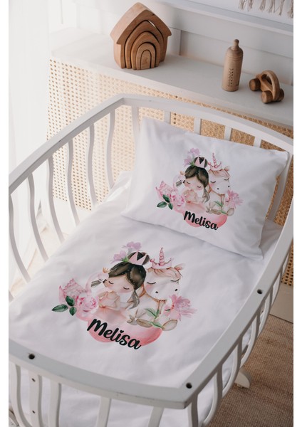 %100 Pamuk Saten Isme Özel Isimli Anne Yanı Beşik Nevresim Takımı Peri ve Unicorn