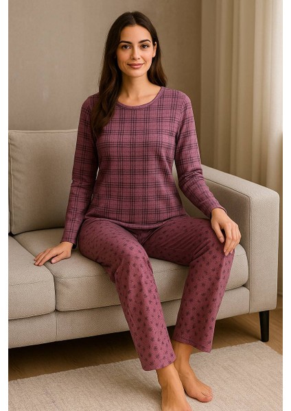 Inspira Ekoseli Çiçek Desenli Uzun Kol Kadın Pijama Takımı 2 Iplik Kışlık Kumaş