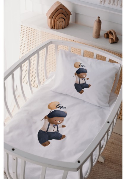 %100 Pamuk Saten Isme Özel Isimli Anne Yanı Beşik Nevresim Takımı Ayıcık