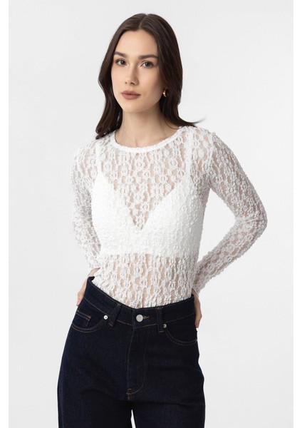 Beyaz Dantel Transparan Kadın Top