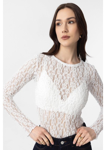 Beyaz Dantel Transparan Kadın Top modelleri