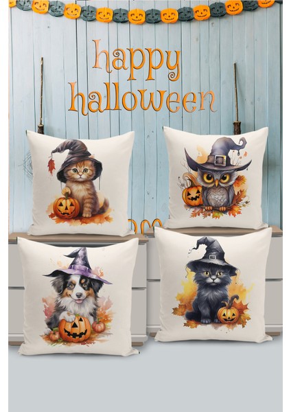 4 Lü Çift Taraflı Dijital Baskı Kırlent Kılıfı Halloween Sonbahar Temalı