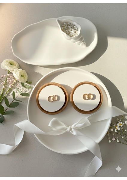 Söz Nişan Tepsisi Yuvarlak ve Oval Sunumluk 2'li Tepsi- Deniz Kabuğu - 2 Adet Yükseltici