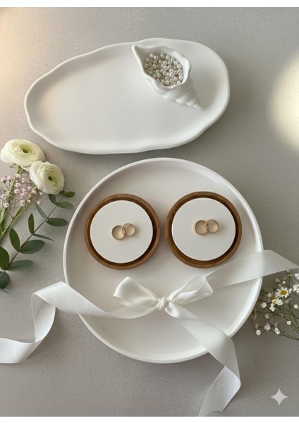 Söz Nişan Tepsisi Yuvarlak ve Oval Sunumluk 2'li Tepsi- Deniz Kabuğu - 2 Adet Yükseltici fiyatları