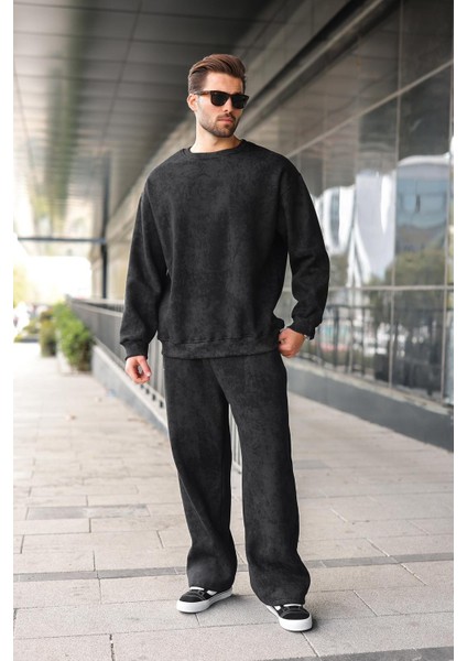 Siyah Bisiklet Yaka Batik Desenli Erkek Sweatshirt Pantolon Takım E7344