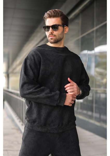 Siyah Bisiklet Yaka Batik Desenli Erkek Sweatshirt Pantolon Takım E7344 modelleri