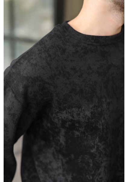 Siyah Bisiklet Yaka Batik Desenli Erkek Sweatshirt Pantolon Takım E7344 fırsatları