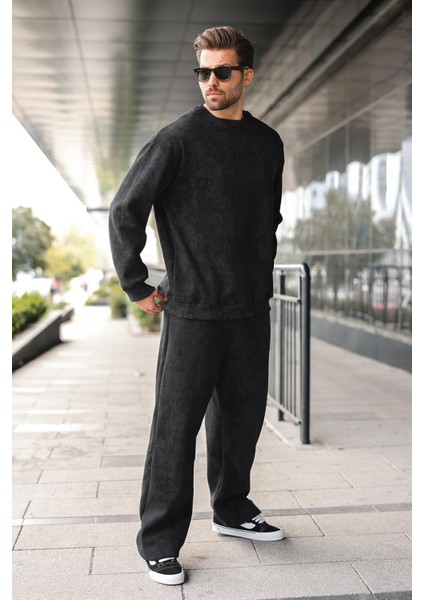 Siyah Bisiklet Yaka Batik Desenli Erkek Sweatshirt Pantolon Takım E7344 indirimleri