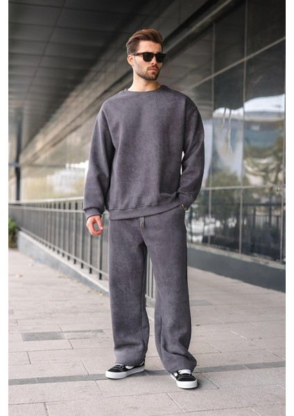 Füme Bisiklet Yaka Batik Desenli Erkek Sweatshirt Pantolon Takım E7344