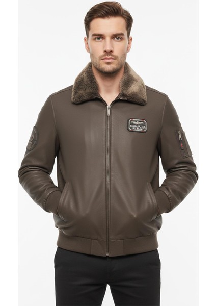 Kahverengi Top Gun Erkek Hakiki Deri Kürk Yakalı Pilot Mont