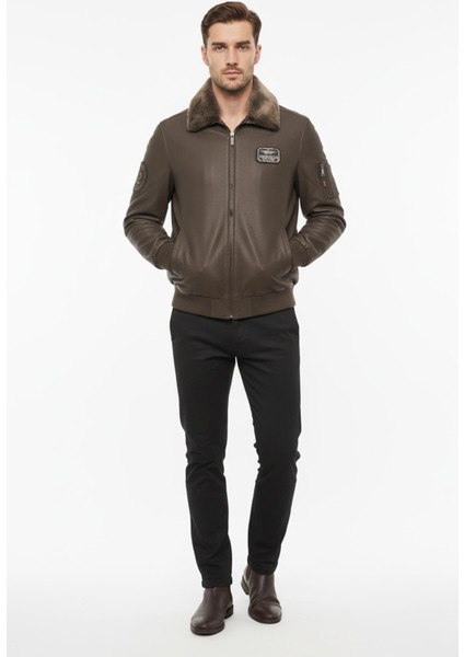 Kahverengi Top Gun Erkek Hakiki Deri Kürk Yakalı Pilot Mont fırsatları