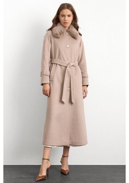 Yakası Çıkabilen Kürklü Moher Uzun Kaban Kum 3151