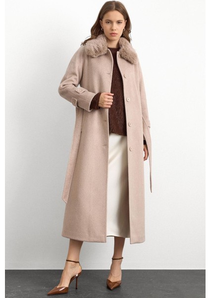 Yakası Çıkabilen Kürklü Moher Uzun Kaban Kum 3151 fiyatları