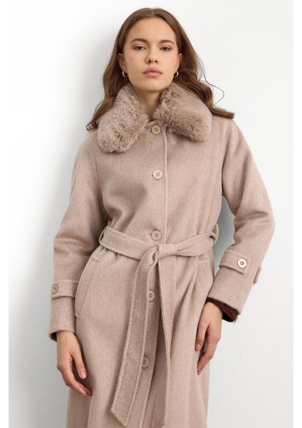 Yakası Çıkabilen Kürklü Moher Uzun Kaban Kum 3151 modelleri