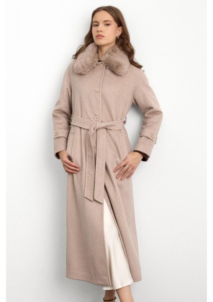 Yakası Çıkabilen Kürklü Moher Uzun Kaban Kum 3151 fırsatları