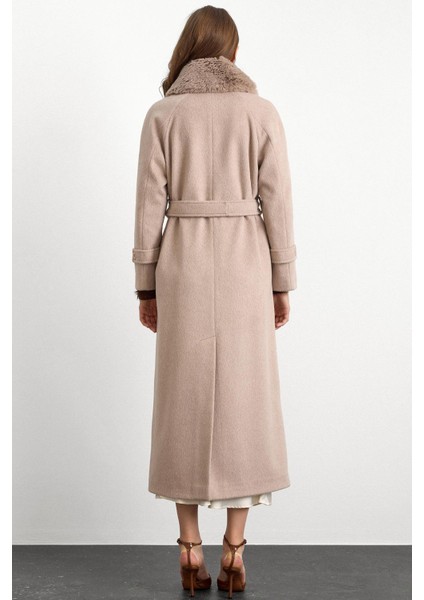 Yakası Çıkabilen Kürklü Moher Uzun Kaban Kum 3151