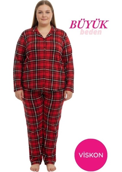 Kadın Büyük Beden Gömlek Yaka Önden Düğmeli Mevsimlik Ince Süet Uzun Kollu Göğüs Cepli Pijama Takımı