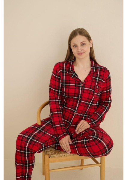 Kadın Büyük Beden Gömlek Yaka Önden Düğmeli Mevsimlik Ince Süet Uzun Kollu Göğüs Cepli Pijama Takımı indirimleri