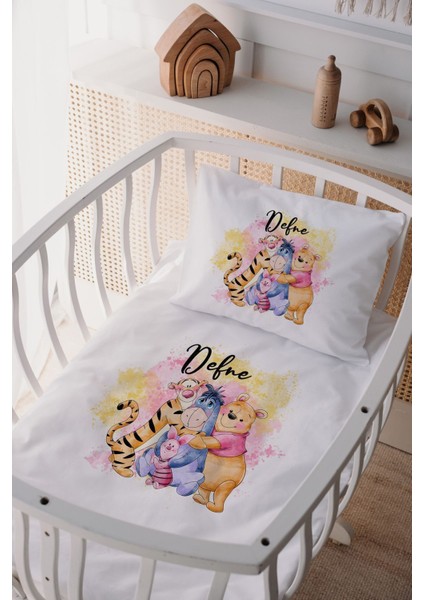 %100 Pamuk Saten Isme Özel Isimli Anne Yanı Beşik Nevresim Takımı Winnie ve Arkadaşları