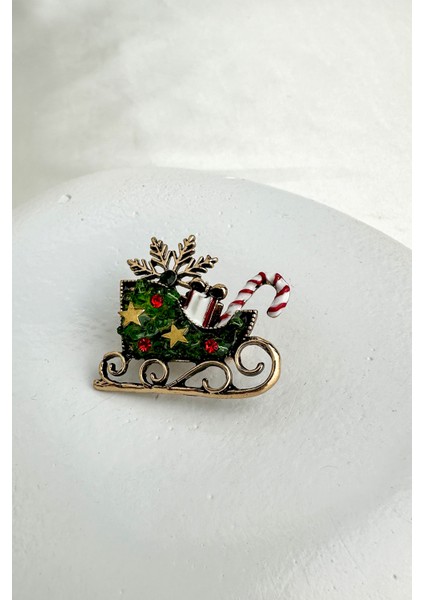 Yılbaşı Özel Yıldız Detay Yeşil Noel Kızak Broş (3cm)