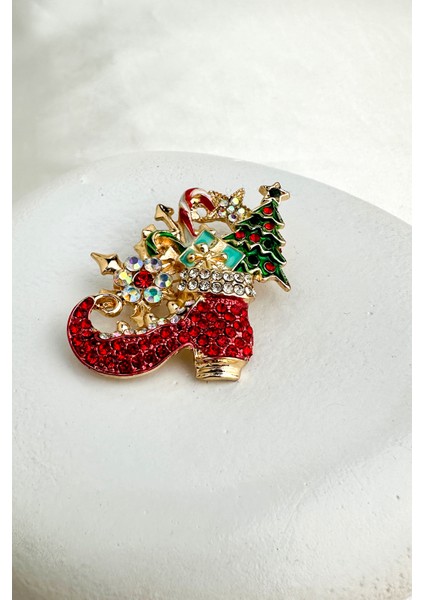 Yılbaşı Özel Çam Ağacı Detay Taş Süslemeli Ayakkabı Broş (5cm)