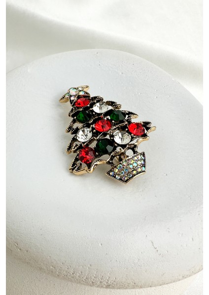 Yılbaşı Özel Eskitme Yıldız Detay Taşlı Çam Ağacı Broş (5cm)