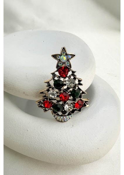 Yılbaşı Özel Eskitme Yıldız Detay Taşlı Çam Ağacı Broş (5cm) modelleri