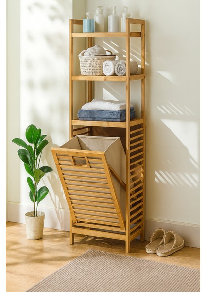 Organizer Raflı Ahşap Bambu Çek-Aç Kirli Sepeti