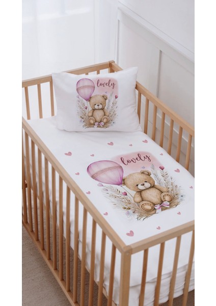 %100 Pamuk Anne Yanı Beşik Nevresim Takımı (60X100) Pembe Balonlu Ayıcık