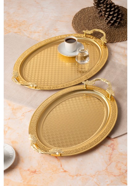 Metal Gold & Gümüş 2’li Oval Tepsi Seti – Zarif Desenli Servis ve Sunum Tepsisi, Kararmaz, Solmaz