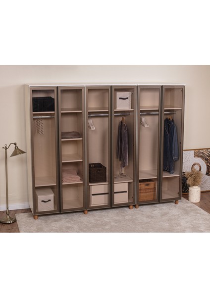 İtra 6 Kapaklı Gardırop – Krem Gövde, Camlı Kapak