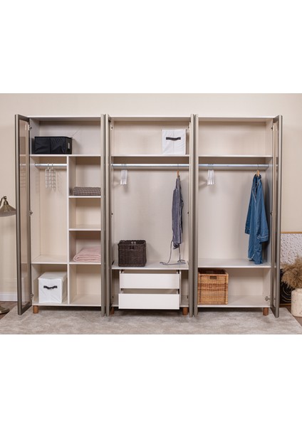 İtra 6 Kapaklı Gardırop – Krem Gövde, Camlı Kapak modelleri
