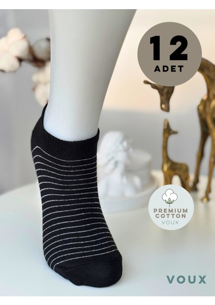 Pamuklu Çizgili Siyah Kadın Sneaker Çorap 12 'li