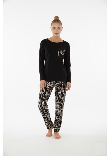 Kadın Desenli Bisiklet Yaka Düğmesiz Mevsimlik Likra Viskon Uzun Kollu Pijama Takımı indirimleri