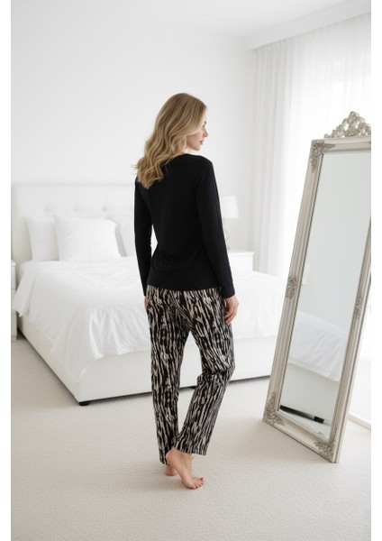 Kadın Desenli Bisiklet Yaka Düğmesiz Mevsimlik Likra Viskon Uzun Kollu Pijama Takımı