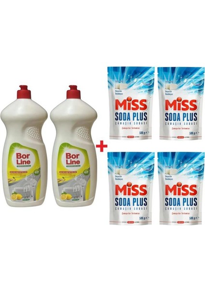 Borline 2 Adet 1350 ml Sıvı Bulaşık Deterjanı 4 Adet Miss Soda Plus 500 gr