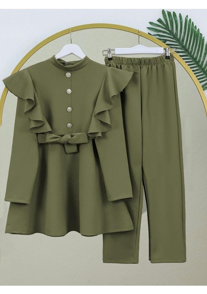 Düğme Detaylı Dik Yaka Omuzu Fırfırlı Scuba Takım