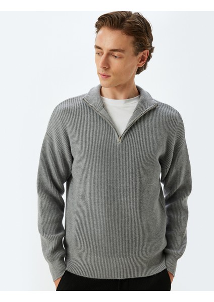 Triko Kazak Yarım Fermuarlı Basic Dokulu Viskon Karışımlı