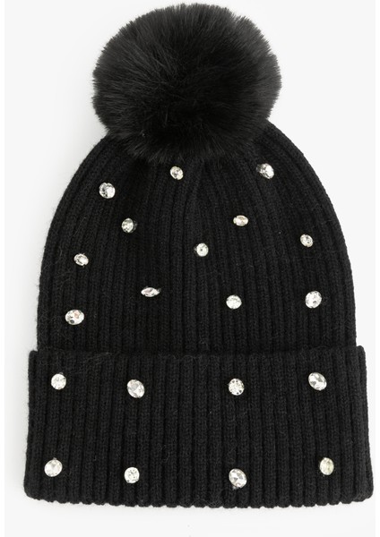 Suni Peluş Detaylı Taşlı Triko Bere