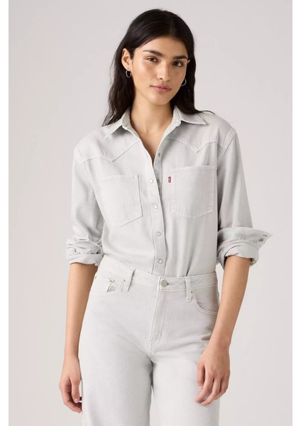 Pamuk Karışım Regular Fit Cepli Kot Gömlek Bayan Kot Gömlek A7244