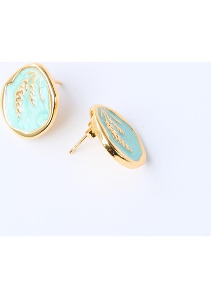 Yeşil Yaprak Desenli Mine Detaylı Oval Küpe fiyatları