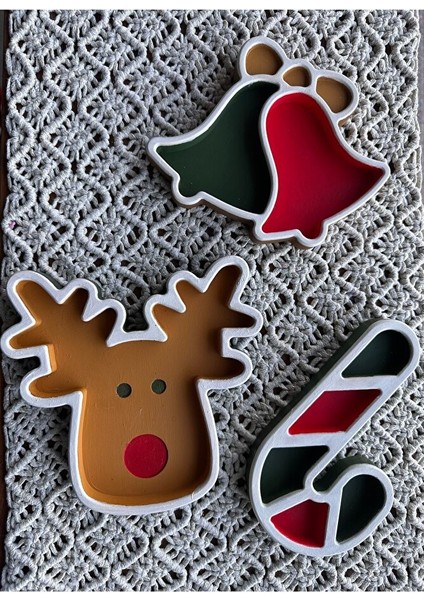 Yeniyıl 3'lü Baston Çan Geyik Dekoratif Tabak Set