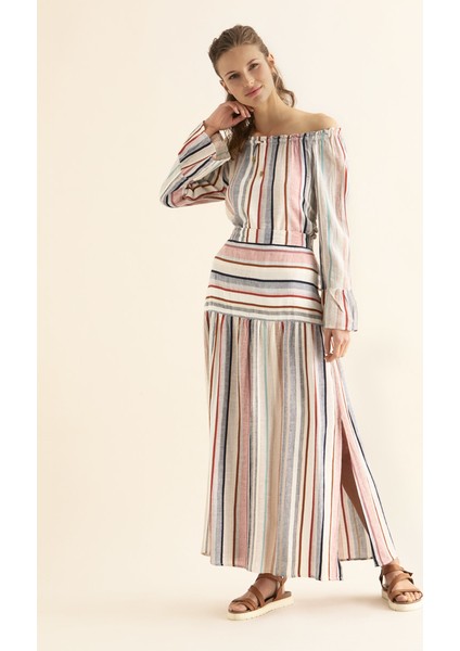 Yırtmaç Detaylı Çizgili Uzun Etek Multi Y1866104_325